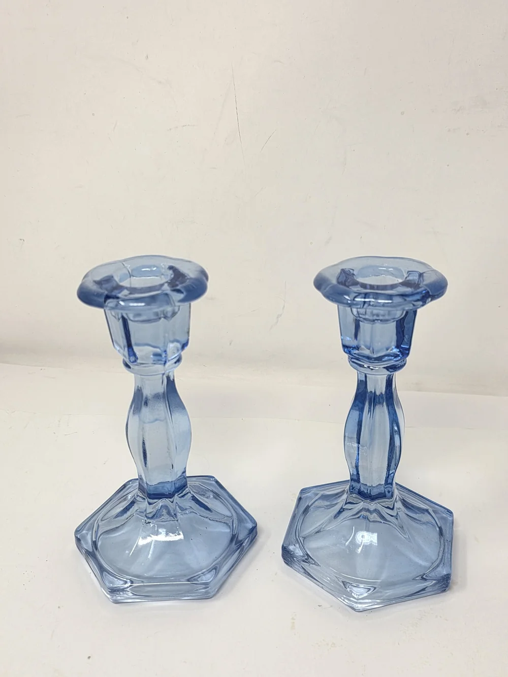 Vintage Blue Glass Candlestick Holders Pair Hexagon Base Taper Candle Shabby 6